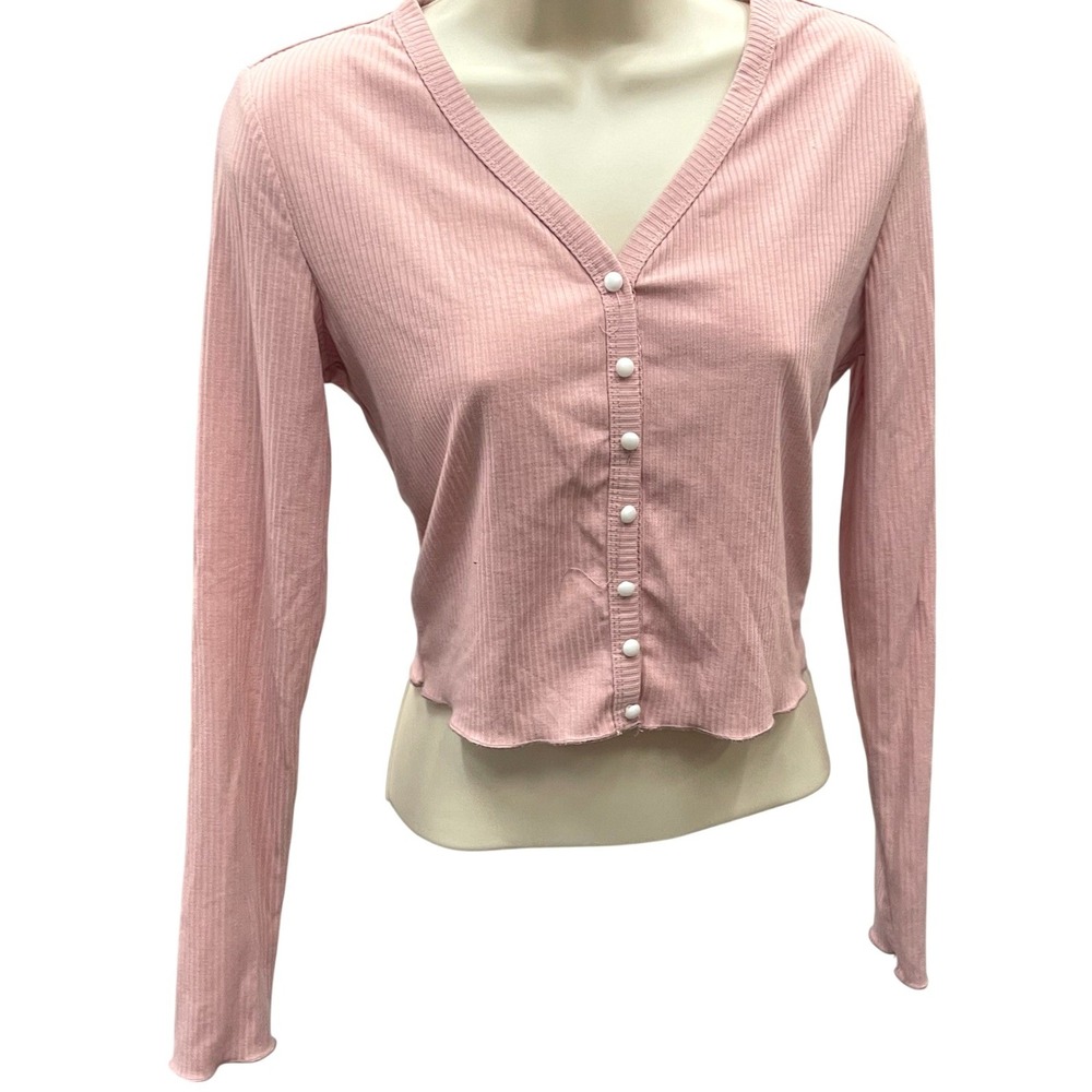 Pink Ribbed Cropped Cardigan Long Sleeve Button‎ Front V-Neck Lettuce Hem Small